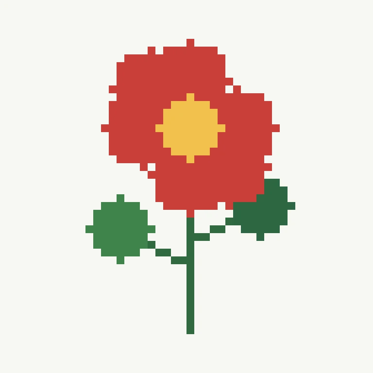 Red flower cross stitch pattern with a yellow center and green leaves